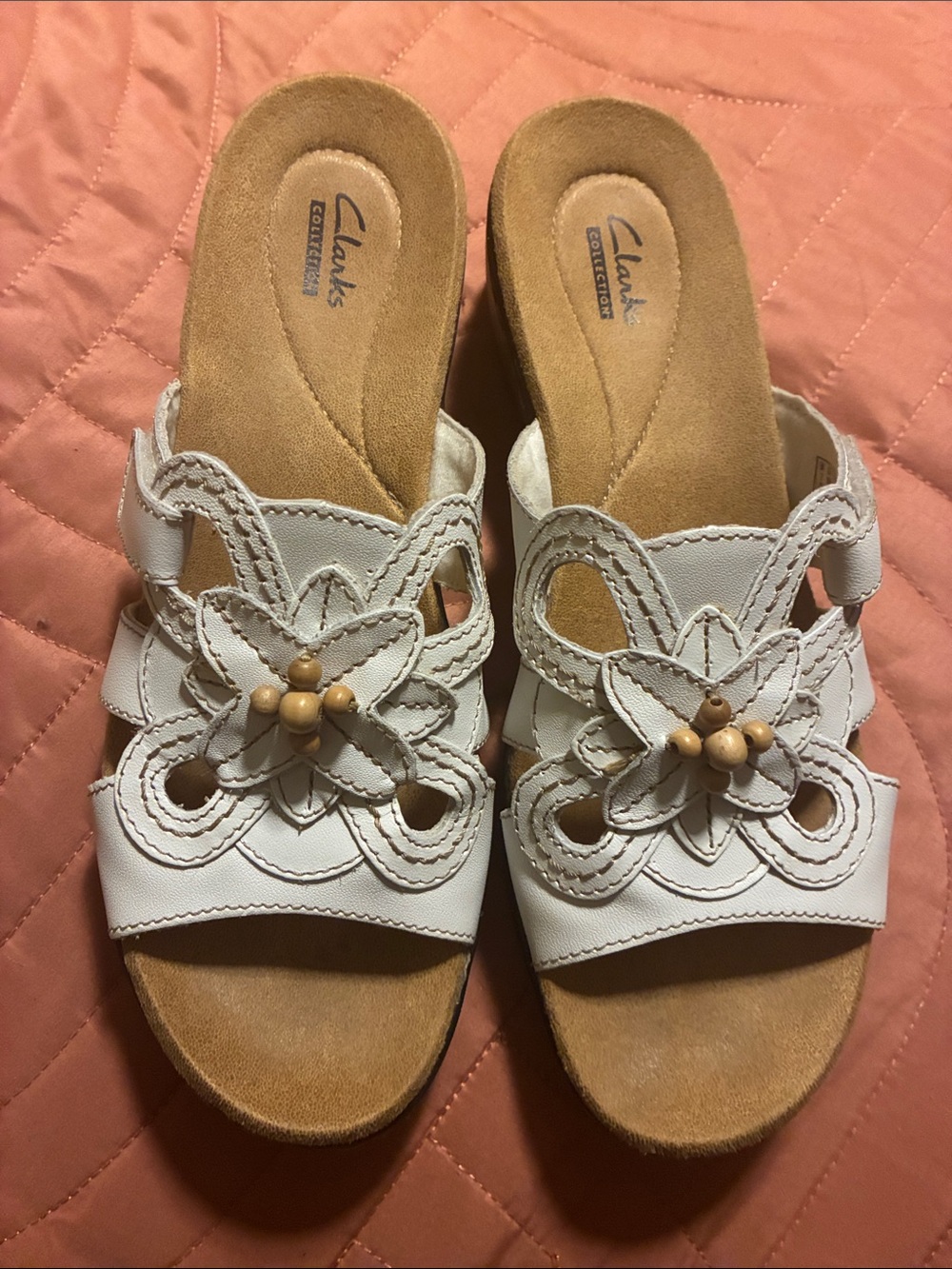 Clarks White Floral Leather Slide Mules